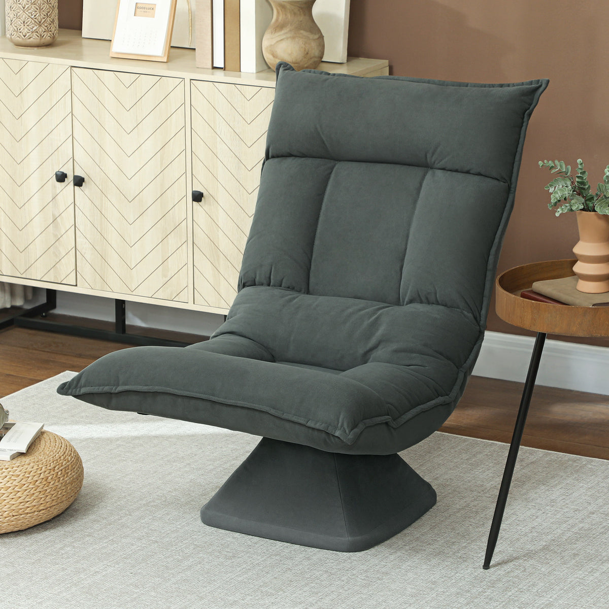 Chaise de sol pivotante à 360°, fauteuil pliable en velours avec dossier réglable 5 positions, 70x62x95cm, gris foncé-9