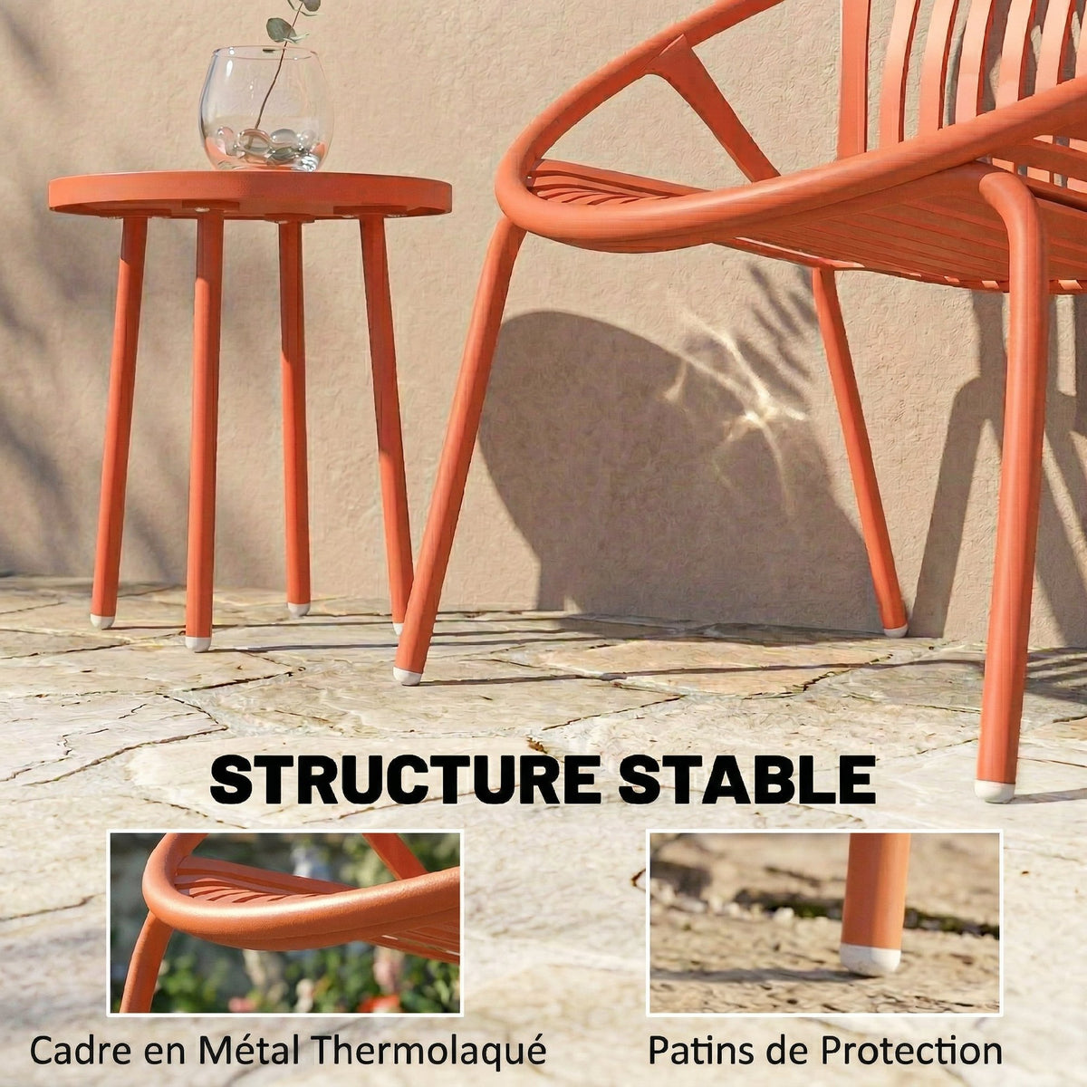 Salon de Jardin Ensemble Bistro 3 Pièces Table Basse à Plateau Concave Acier et Polypropylène 80x70x75cm Rouge Brique-7