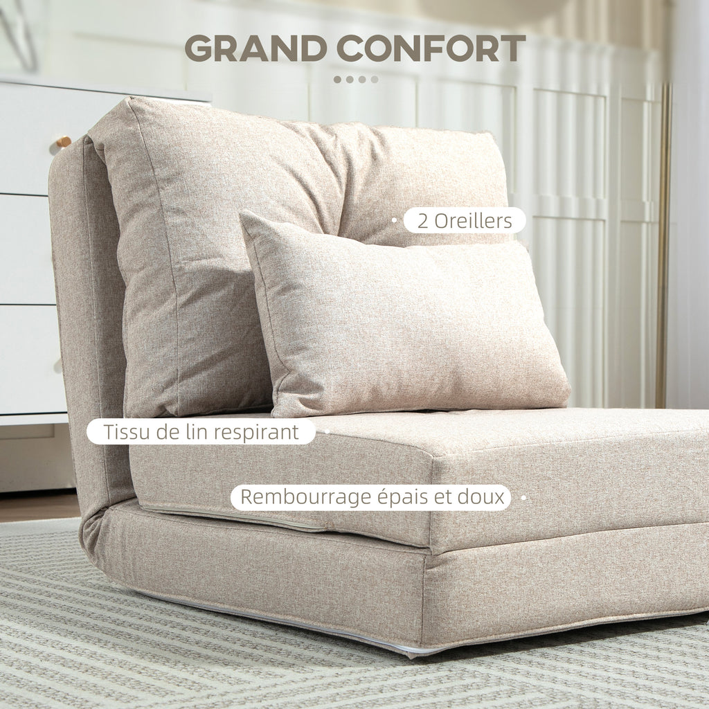 Chauffeuse canapé-lit convertible fauteuil 1 place avec 1 coussin avec dossier réglable, beige-5
