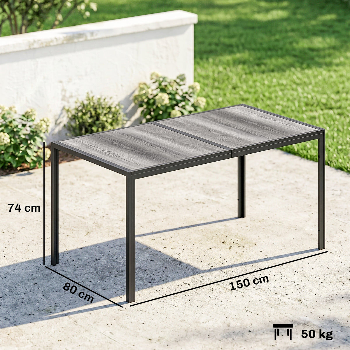 Table de jardin pour 4 à 6 personnes, table à manger extérieure avec plateau à effet bois, 150 x 80 x 74 cm, gris-2