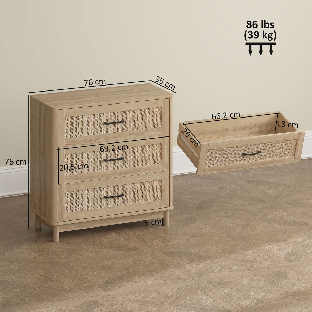 Commode 3 Tiroirs en Rotin, Meuble de Rangement, Chiffonnier, Pieds en Bois Massif, Style Bohème, 76x35x76cm, Chêne-2