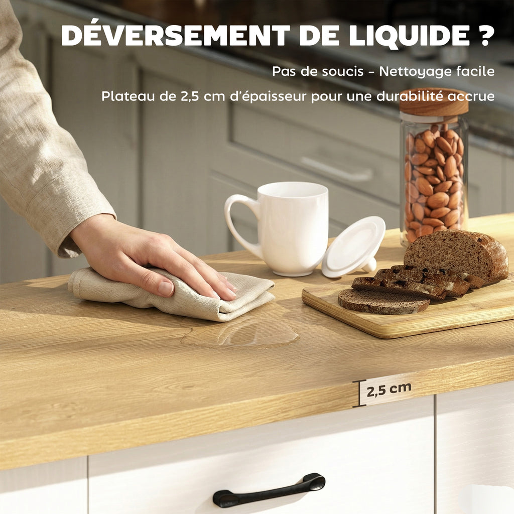 Îlot de Cuisine avec Station de Charge, Chariot de Cuisine à Roulettes avec Plan de Travail Rabattable, 2 Tiroirs, Blanc-8