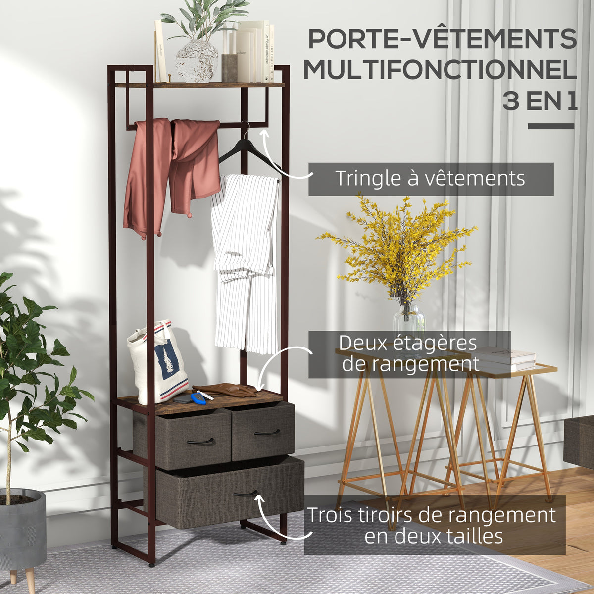 Portant à vêtements avec 3 tiroirs en tissu, étagères de rangement et tringle de suspension, 58,5 x 30 x 178 cm, marron-3