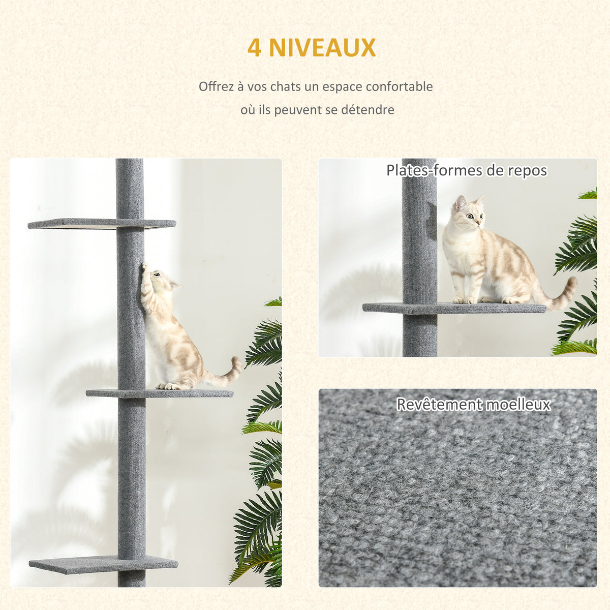 Arbre à chat du sol au plafond poteau à griffer hauteur réglable dim. 43L x 27I x 228-260H cm 4 niveaux d'activités gris-4