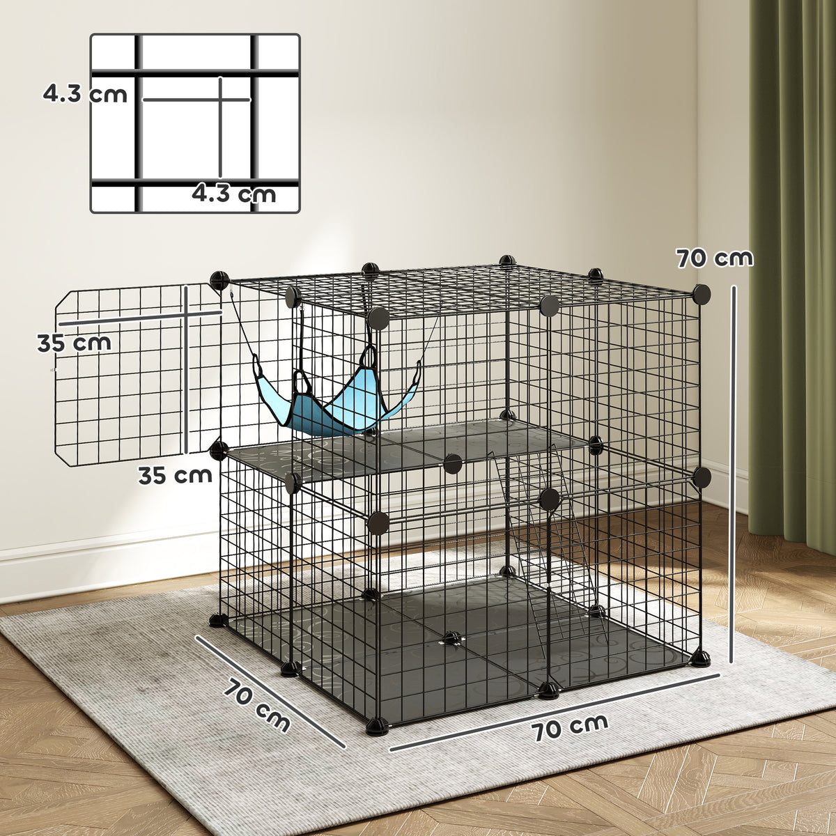 Cage Chat Intérieur Enclos Chat Modulable 2 Portes Hamac Échelle pour Petits Animaux de Compagnie 70x70x70cm Noir-2
