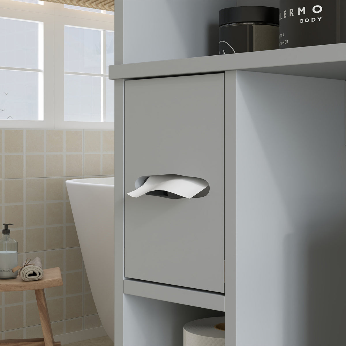 Meuble WC dessus de toilette ou machine à laver, 2 portes, 3 compartiments, porte-papier toilette, 80x19,5x170cm, gris-8