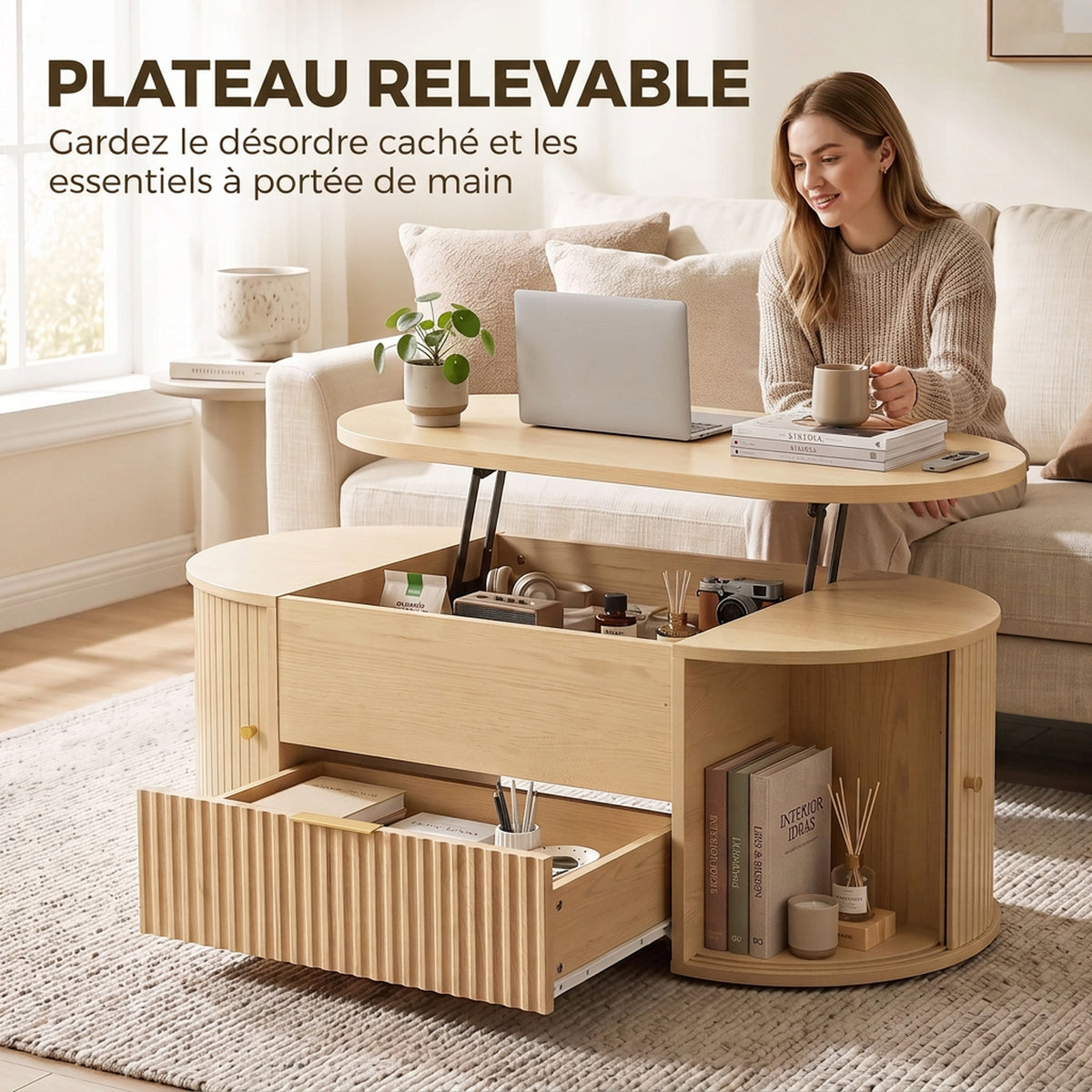 Table Basse Relevable Ovale, Compartiment Caché, Tiroir Cannelé, Portes Coulissantes et Placards, 100x50x40cm, Chêne-3