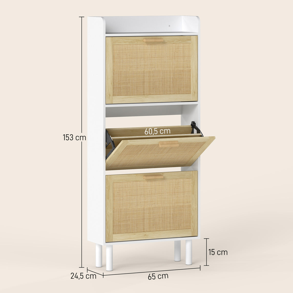 Meuble à chaussures 3 portes abattants étagère effet résine tressée design bohème 65 x 24,5 x 153 cm blanc-2