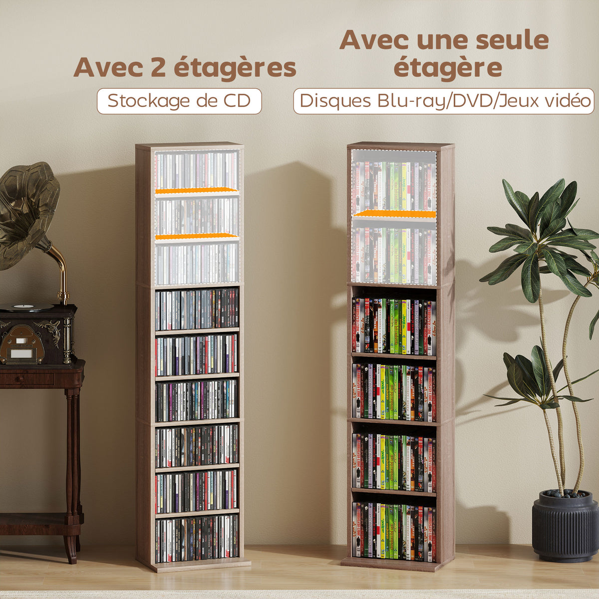 Rangements pour CD et DVD 9 compartiments et 6 étagères réglables capacité max. 260 CD/120 DVD 33 x 24 x 140 cm bois naturel-7