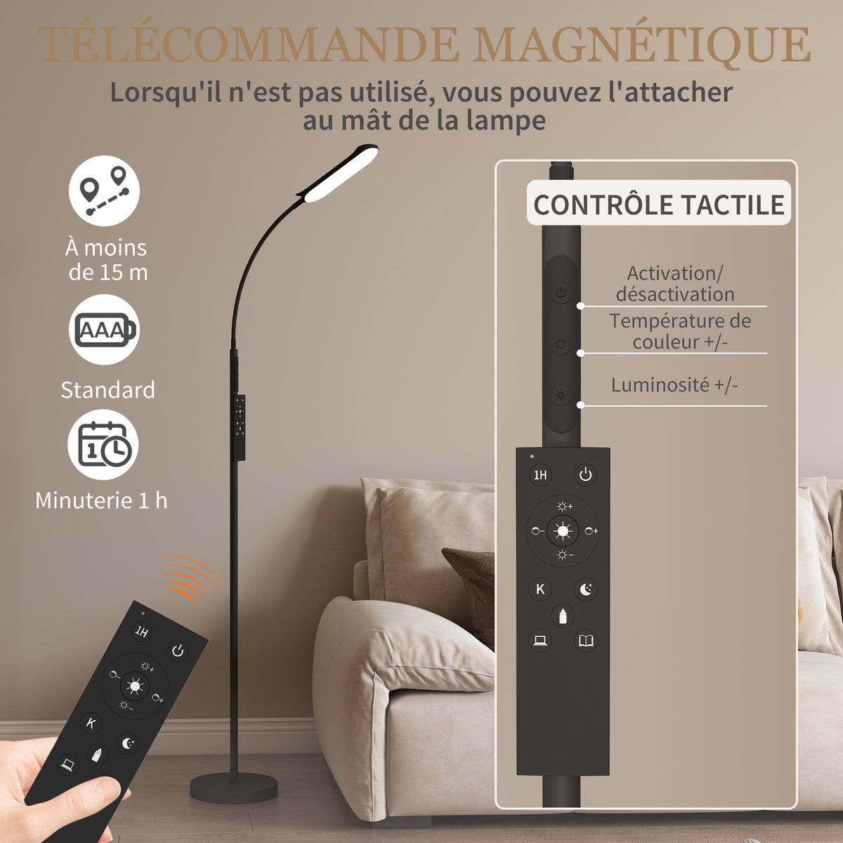 Lampadaire sur pied de salon avec télécommande, contrôle tactile, température couleur et luminosité réglables, noir-6