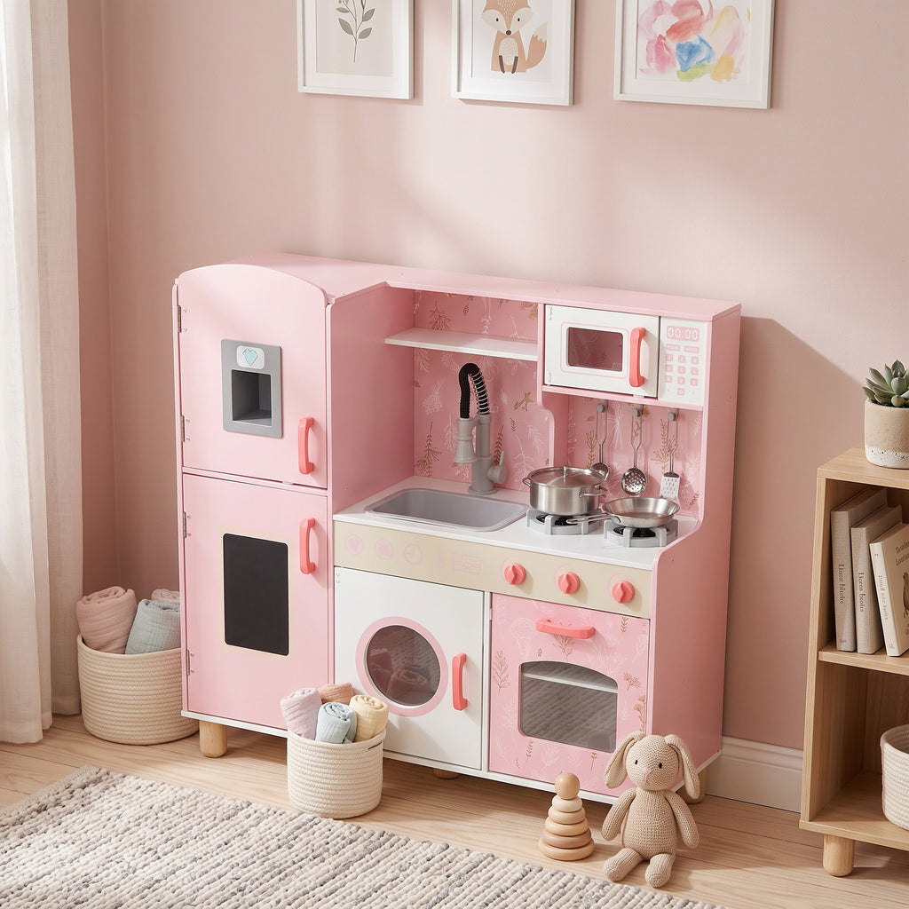 Cuisine Enfant avec Glaçons, Micro-ondes, Four, Plaque, Évier, Machine à Laver, Tableau, 90x 33,3x91,6cm, Rose-8