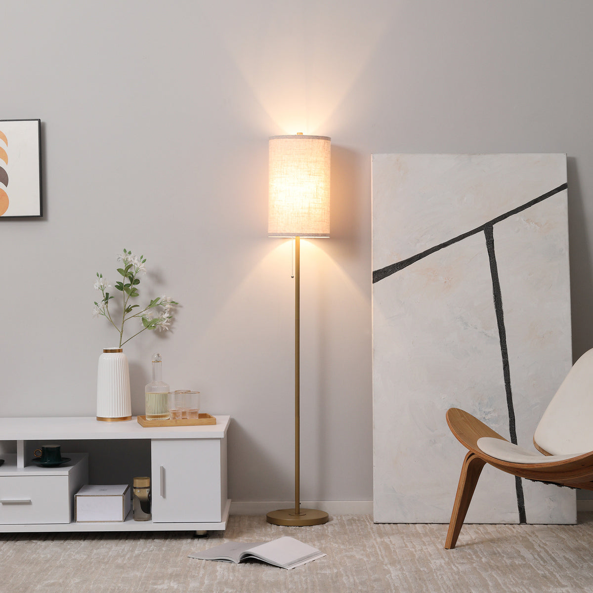 Lampadaire design 40 W max. piètement mât acier doré abat-jour lin crème dim. 25,5 x 25,5 x 157 cm doré et beige-1