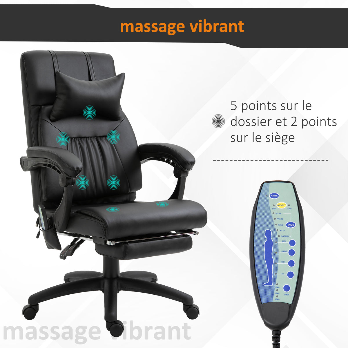 Fauteuil de bureau manager massant repose-pied + tétière intégrés dossier inclinable hauteur réglable 68 x 79 x 104-112 cm noir-3