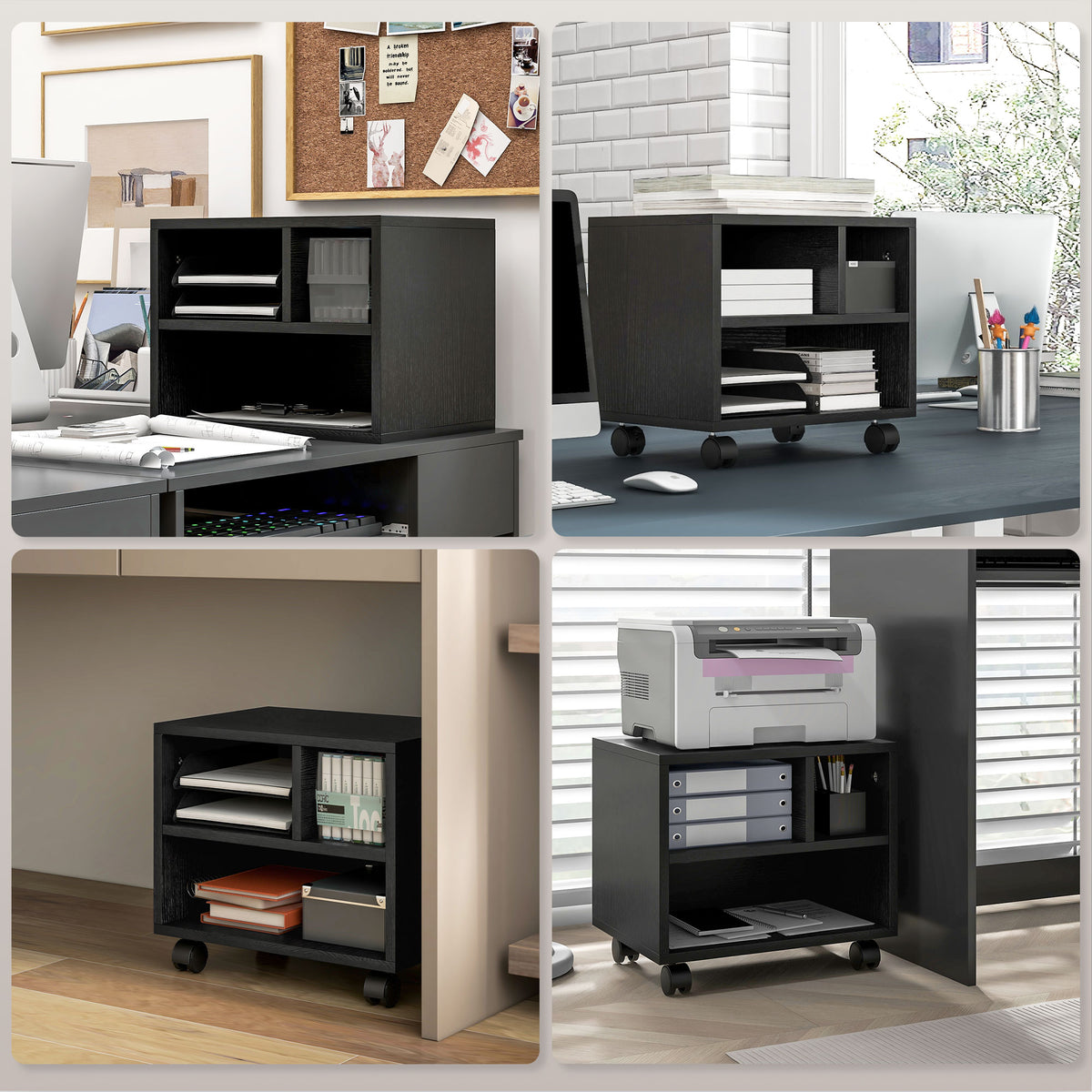 Support d'imprimante meuble de rangement bureau caisson 3 compartiments ouverts 40 x 30 x 36 cm noir-5