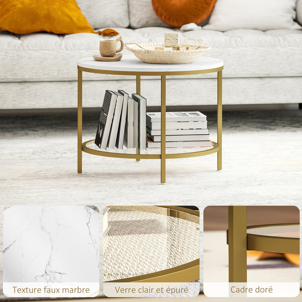 Table basse salon ronde moderne à 2 niveaux plateau effet marbre et étagère en verre trempé, Ø 60 x 45 cm, blanc et doré-5