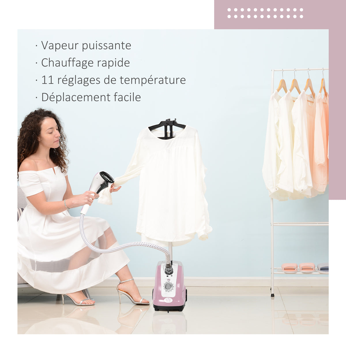 Défroisseur vapeur vertical défroisseur à vêtements 1,4 L 1950 W débit vapeur 32g/min tige telescopique rose noir-5