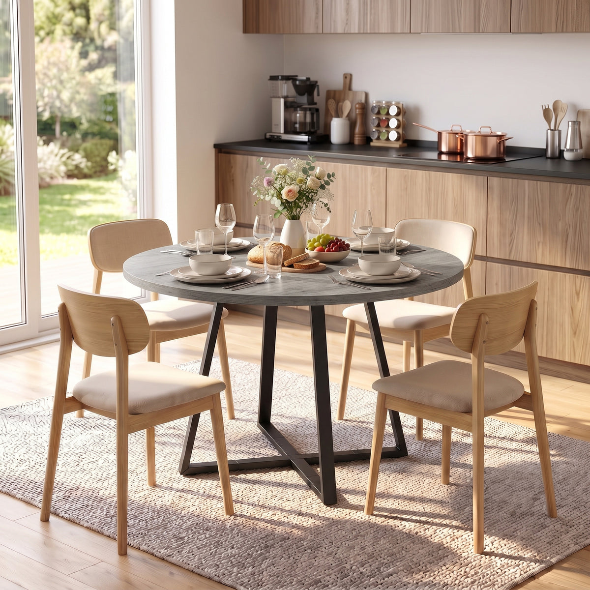 Table à Manger Ronde pour 4 Personnes Ø 100 cm, Cadre Carré en Acier Carbone, Style Industriel, Effet Bois Gris-8