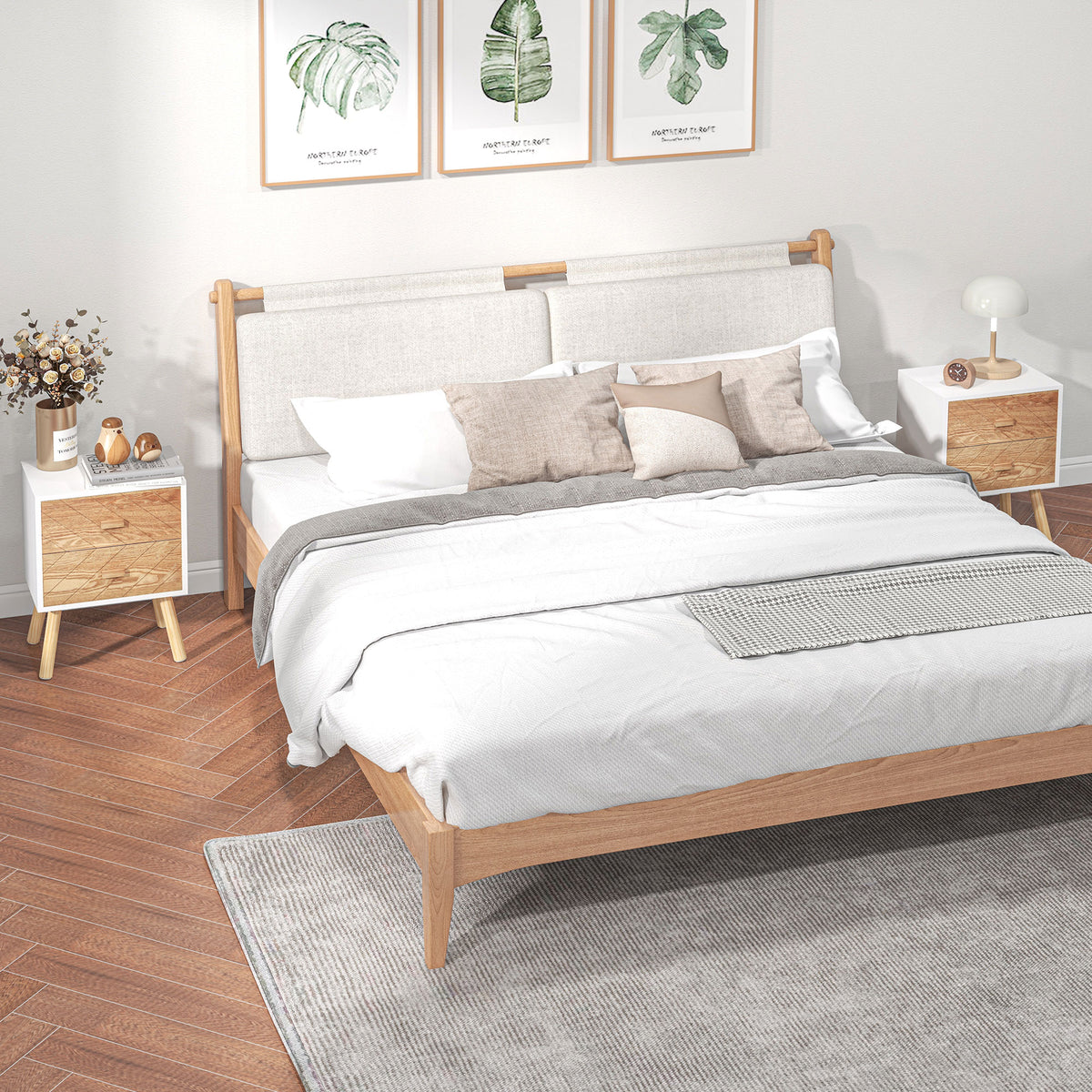 Chevet Table de Nuit Design scandinave 40L x 30l x 56H cm tiroirs Bois Massif pin MDF Blanc et hêtre Motif Graphique-1