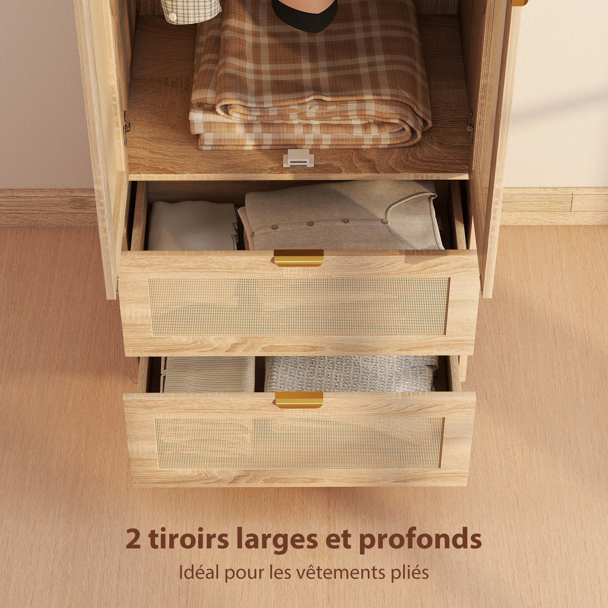 Armoire chambre penderie avec 2 portes en rotin, 2 tiroirs et barre de suspension, 63 x 47 x 185 cm, bois naturel-4