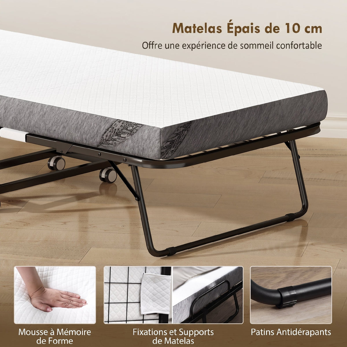 Lit pliant 1 personne 200 x 90 cm avec matelas, lit d'appoint pliable et portable sur roulettes, cadre en acier, blanc-4