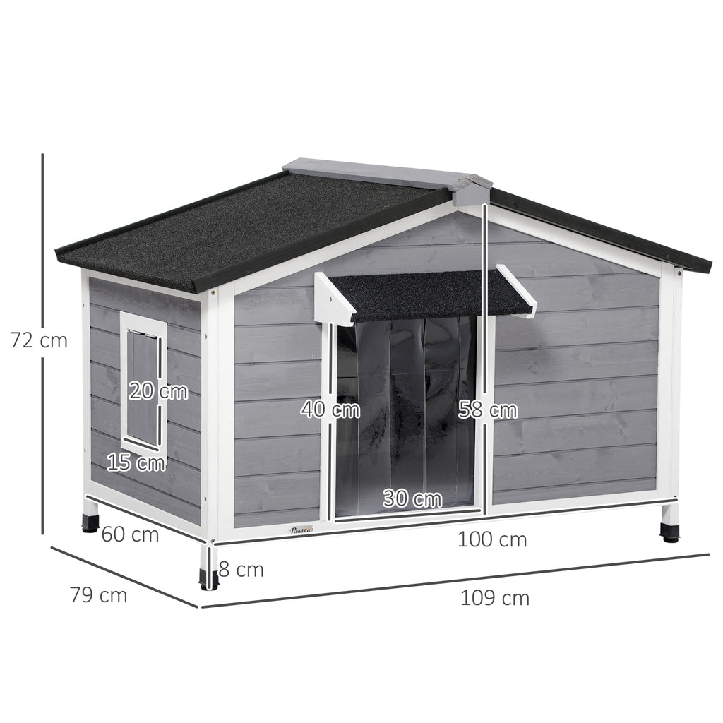 Niche chien style cottage - 2 fenêtres, porte, toit ouvrant bitumé - dim. 109 x 79 x 72 cm - bois sapin gris-2