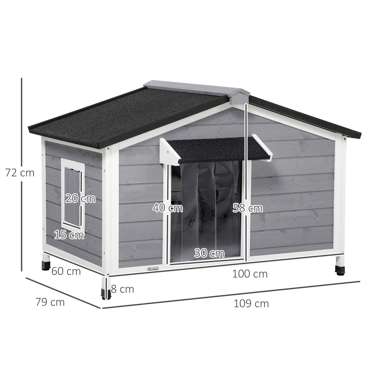 Niche chien style cottage - 2 fenêtres, porte, toit ouvrant bitumé - dim. 109 x 79 x 72 cm - bois sapin gris-2