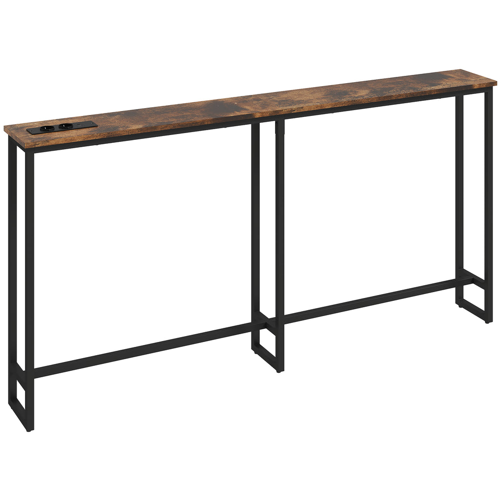 Table console étroite style industriel avec prises de courant et USB, pour salon entrée couloir, 160x20x80cm, marron-0