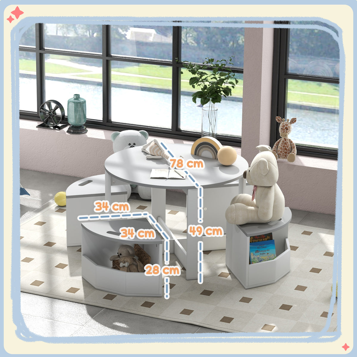 Table Enfant avec 4 Chaises 5 Pièces avec Rangement, Cadeau pour Fille Garçon 3-8 Ans, Ø 78 x 49 cm, Gris-2