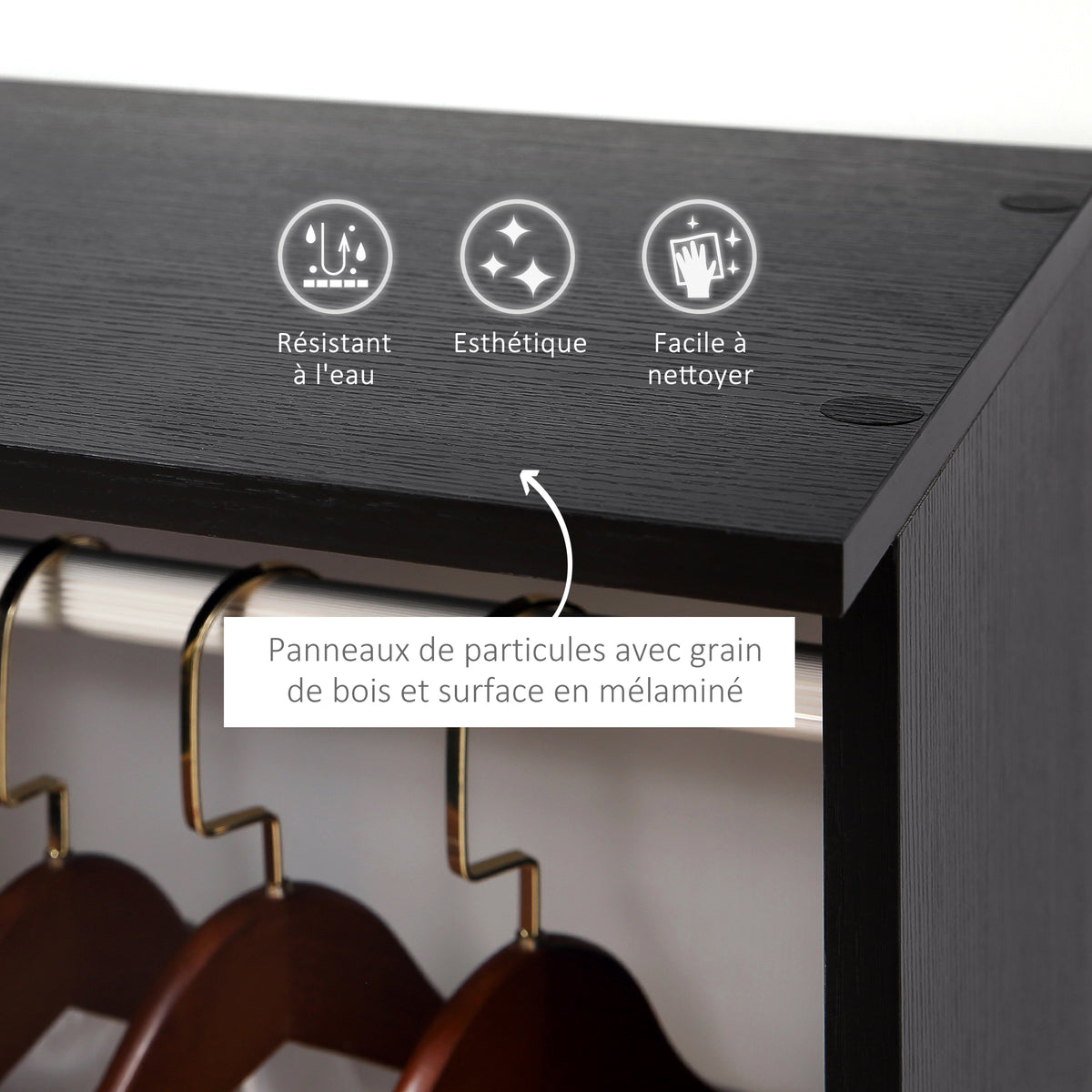 Armoire penderie Meuble de Rangement Mobile 6 roulettes 120L x 40l x 128H cm en bois Noir-3