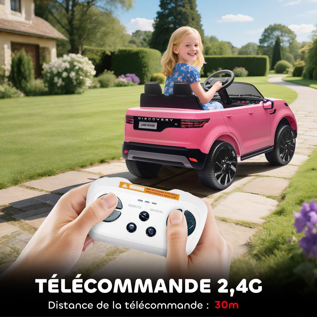 Voiture électrique enfant véhicule électrique Land Rover Discovery 12V télécommande 2,4 G 2 moteurs 105x68,5x58cm rose-6