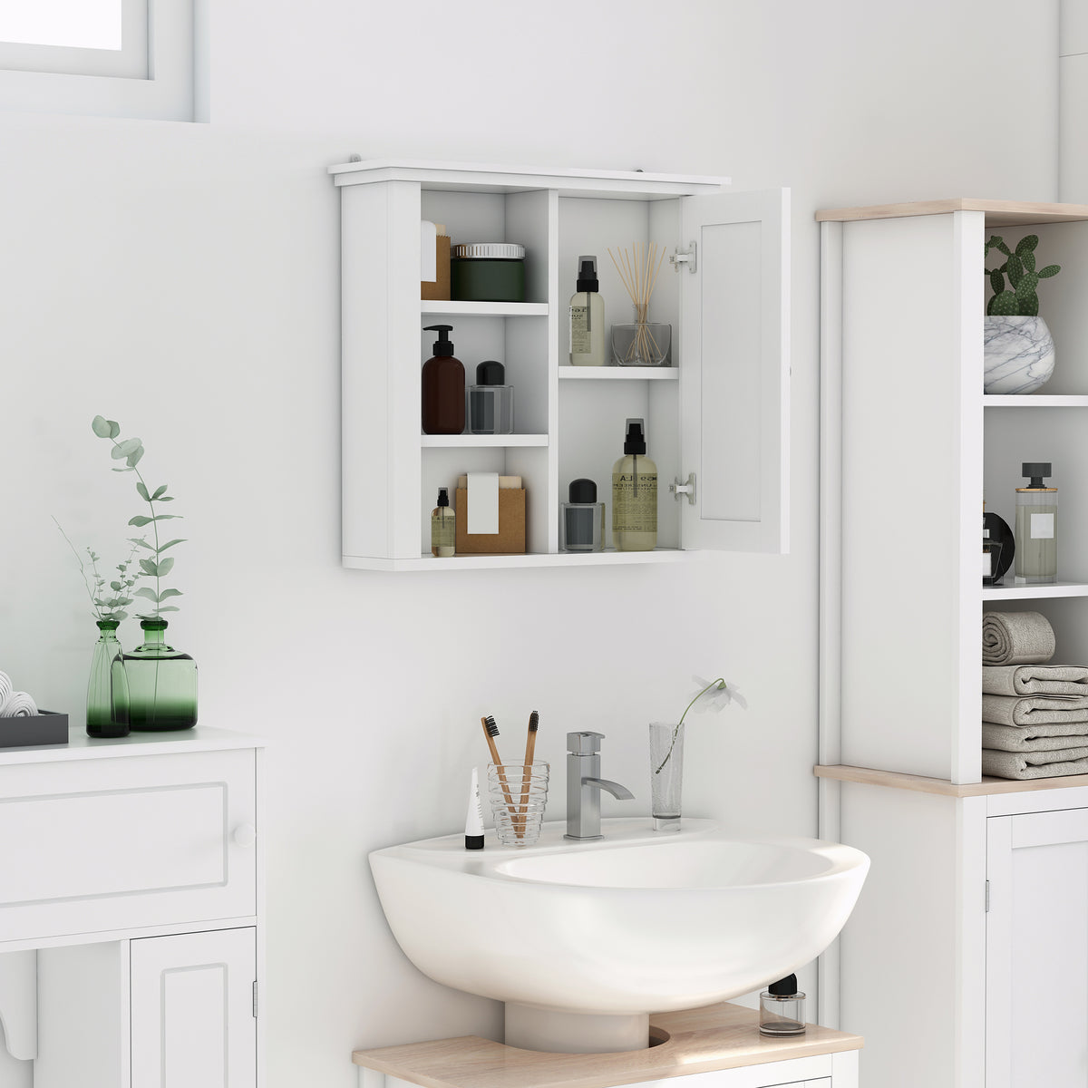 Armoire Murale de Salle de Bain Meuble Suspendu WC Placard 1 Porte 3 niches dim. 53L x 14,5l x 50,5H cm en bois Blanc-1