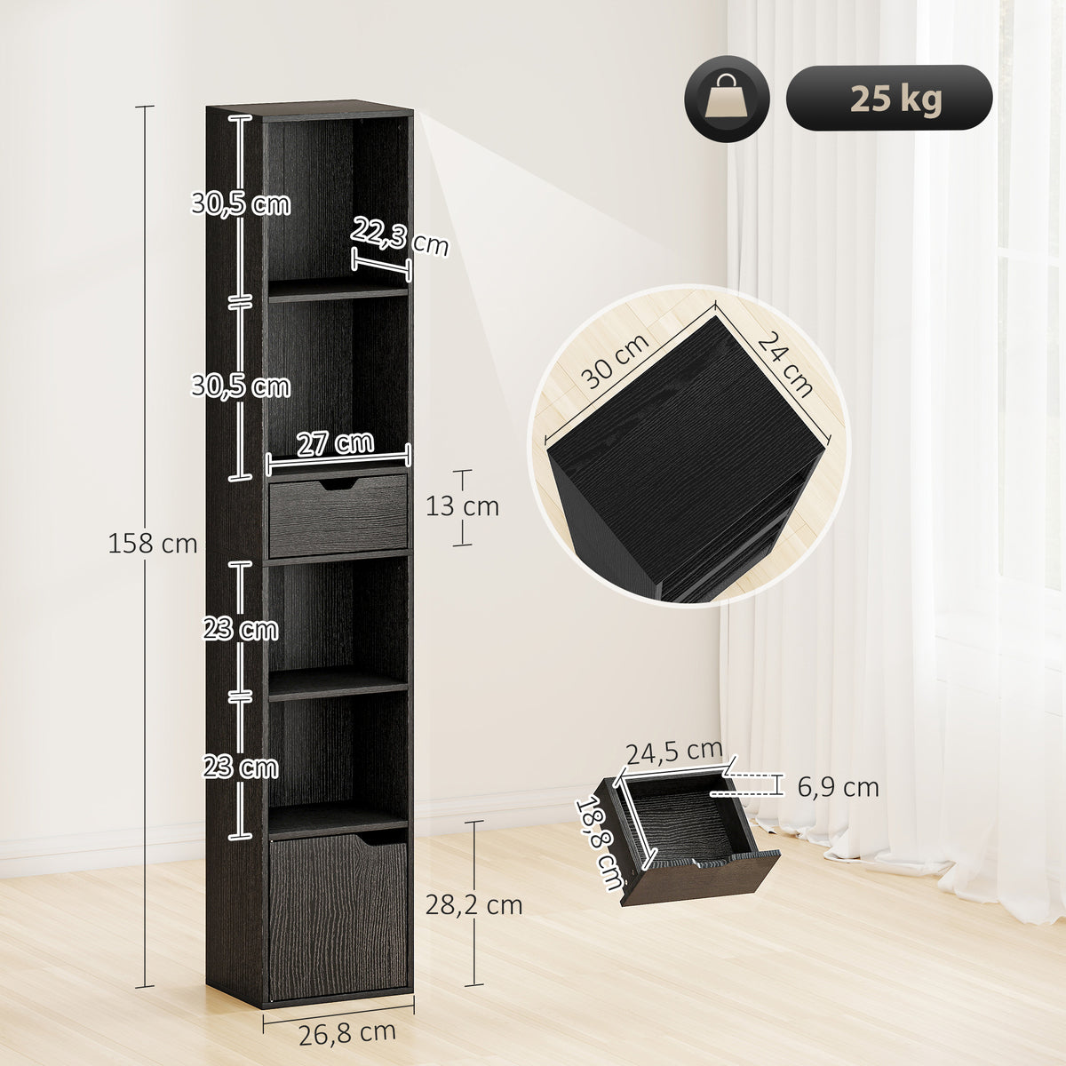 Bibliothèque, étagère à livres, meuble de rangement avec tiroir placard compartiments ouvertes, 30 x 24 x 158 cm, noir-2