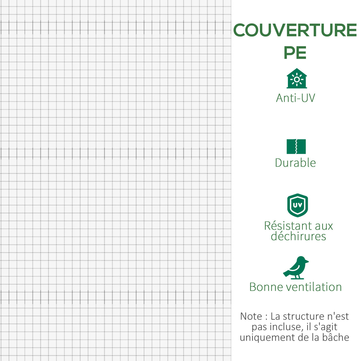 Bâche de Rechange Serre Tunnel 6 m², bâche PE Anti-UV imperméable 6 fenêtres + Porte Enroulable zippée Blanc-5