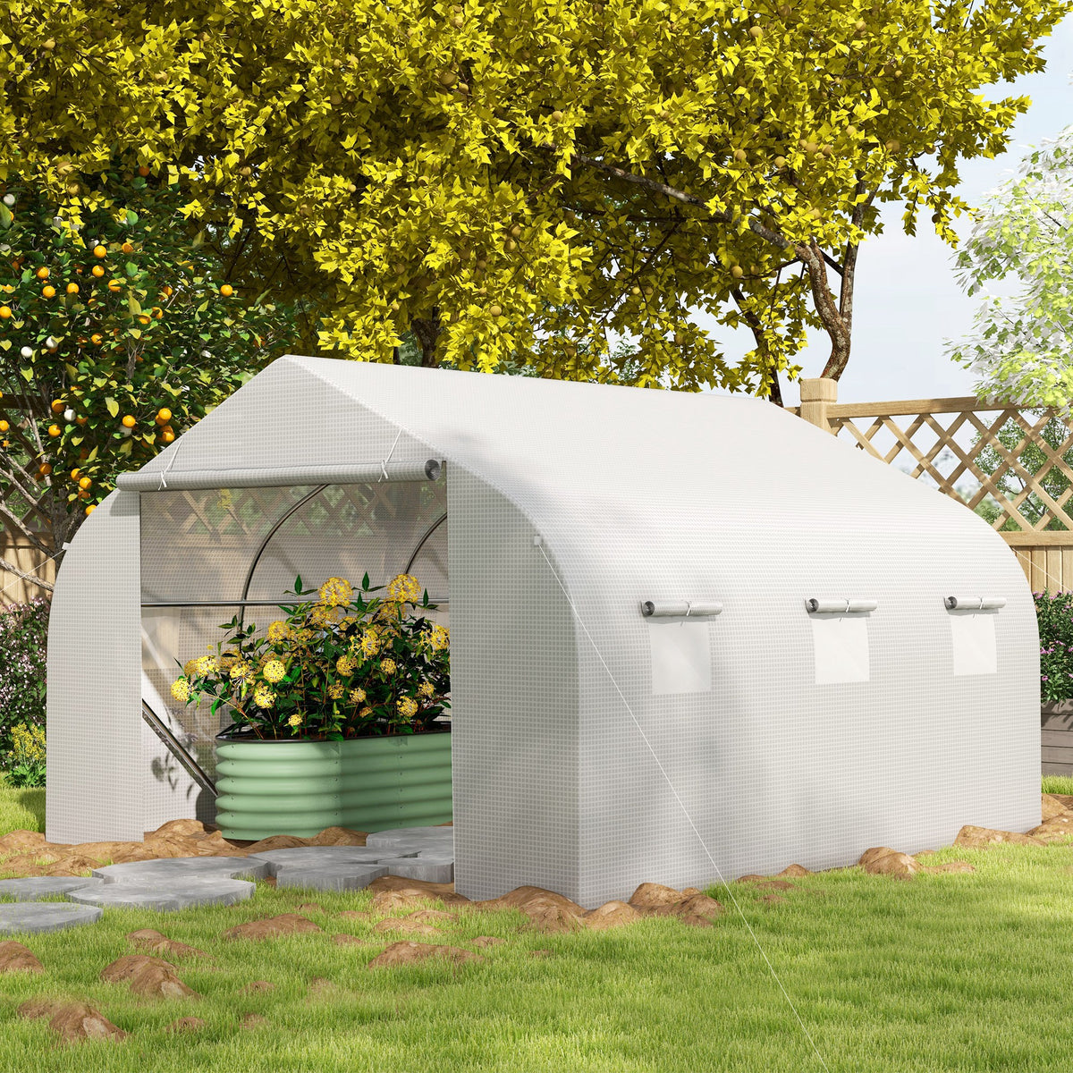 Serre Tunnel de Jardin 10,5 m² dim. 3,5L x 3l x 2H m Porte + 6 fenêtres enroulables Acier galvanisé bâche PE Haute densité Blanc-8
