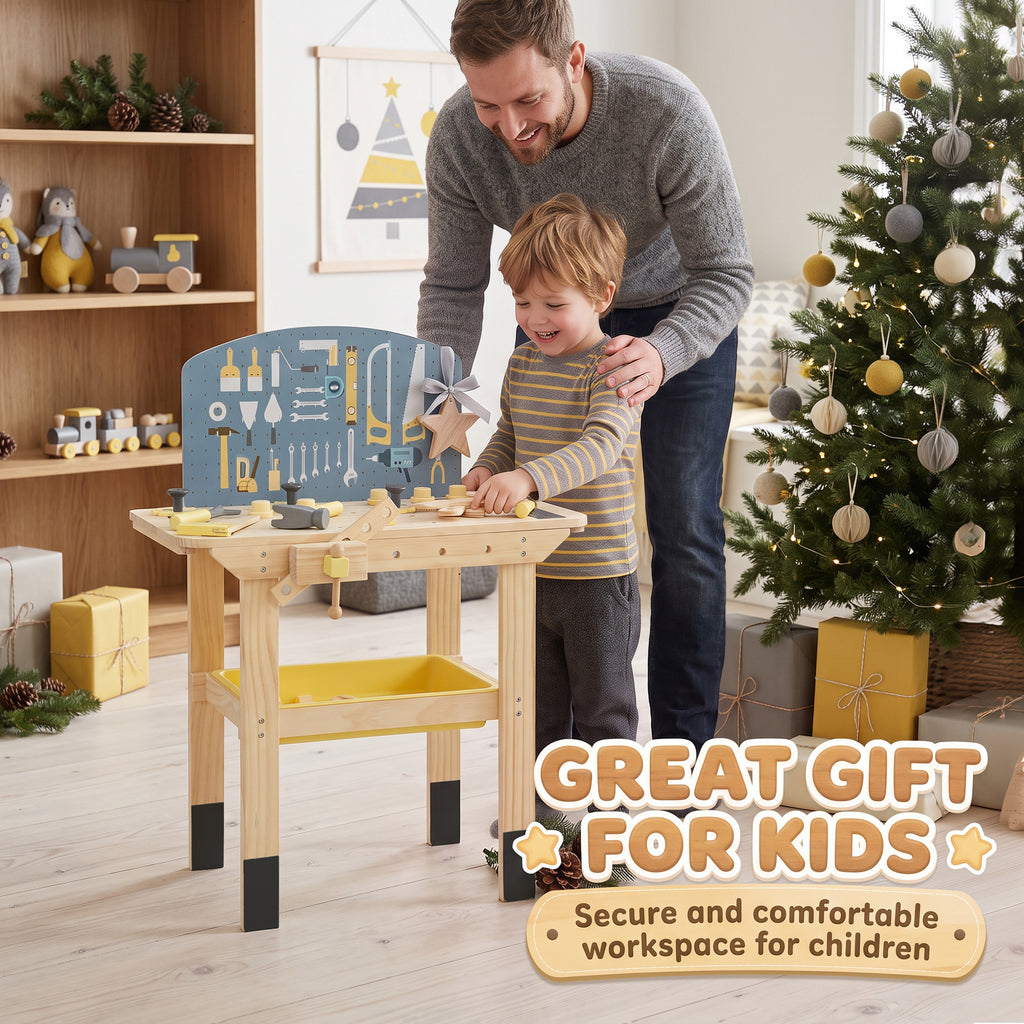 Établi en Bois pour Enfants avec 28 Accessoires, Boîte de Rangement, Établi d'Imitation dès 3 à 8 Ans, Naturel-8