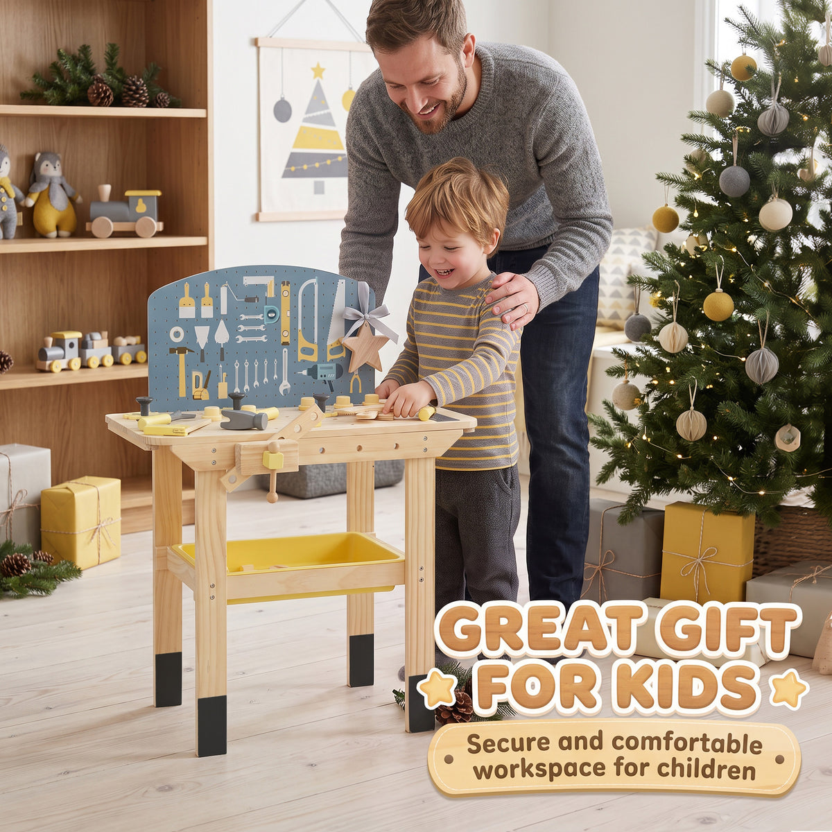 Établi en Bois pour Enfants avec 28 Accessoires, Boîte de Rangement, Établi d'Imitation dès 3 à 8 Ans, Naturel-8