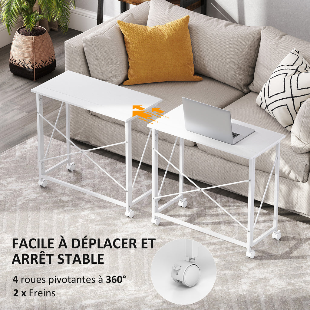 Bureau pliant table d'ordinateur 80 x 40 cm sur roulettes pour bureau à domicile, chambre, petits espaces, blanc-4