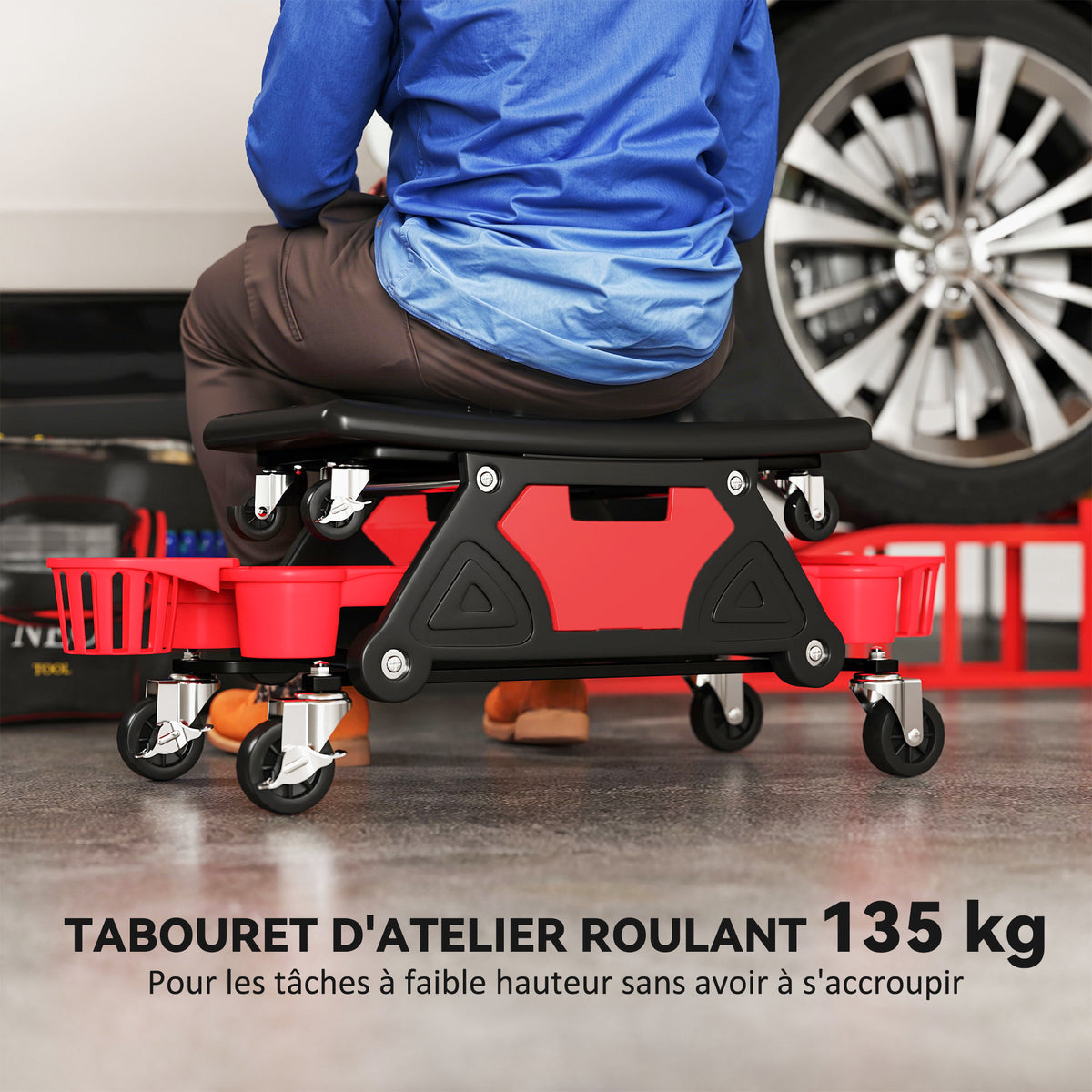 Tabouret d'atelier mobile 135 kg, tabouret de mécanicien avec roulettes rotatif à 360° avec plateaux, 86x33x33cm, rouge-3