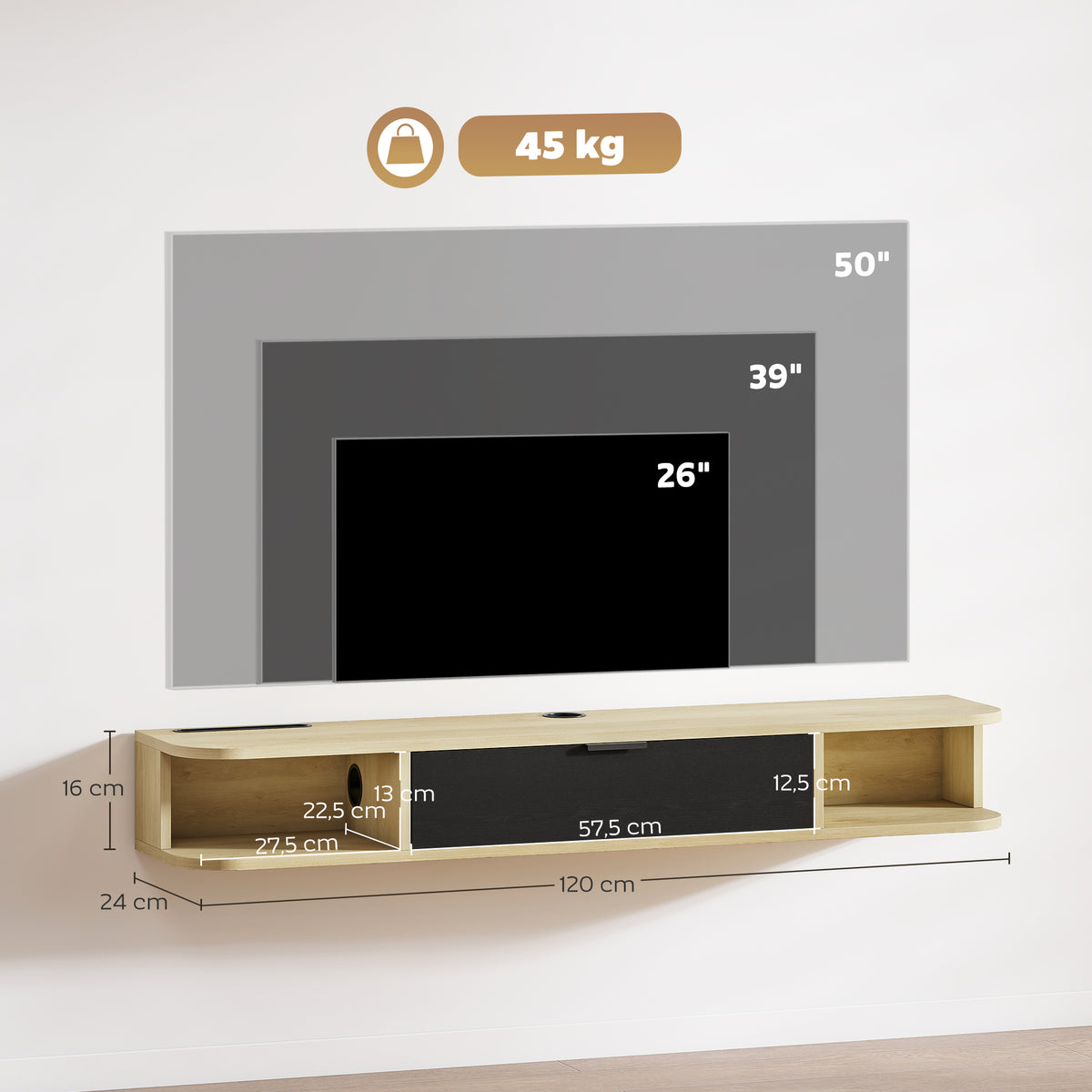 Meuble TV suspendu, meuble télé pour téléviseur jusqu'à 50 pouces, tiroir rabattable 2 étagères 120x24x16cm noir-2