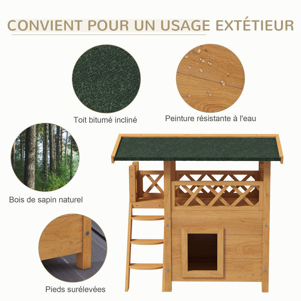 Cabane Chat Extérieur avec Terrasse, Escalier, Toit, Niche Villa, 77 x 50 x 73 cm Bois Naturel et Vert-4