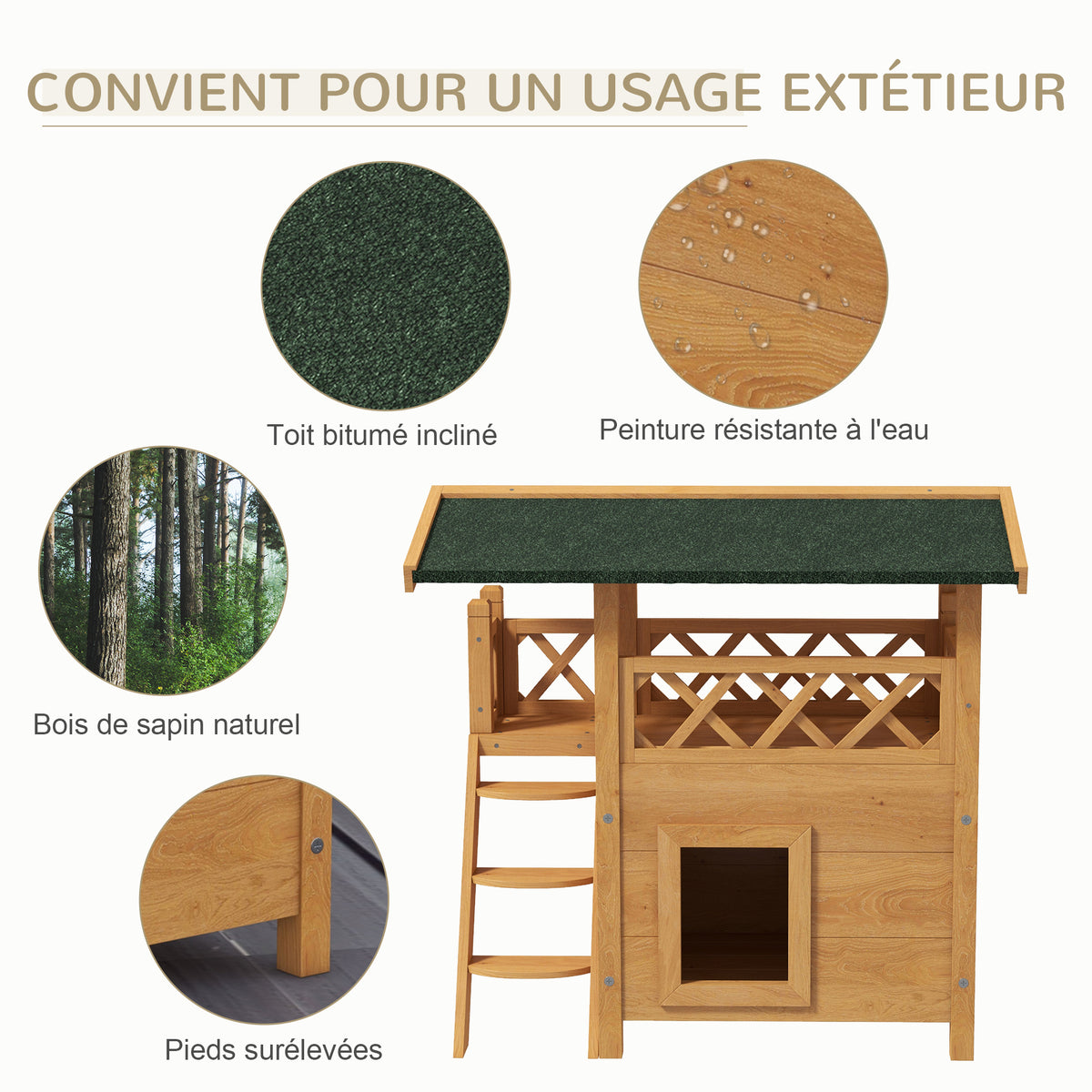 Cabane Chat Extérieur avec Terrasse, Escalier, Toit, Niche Villa, 77 x 50 x 73 cm Bois Naturel et Vert-4
