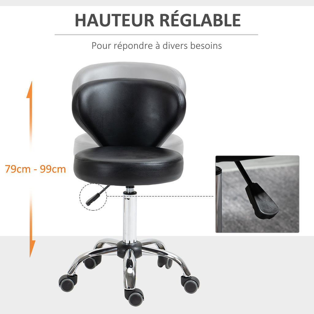 Tabouret à roulettes, tabouret de massage en PU avec hauteur réglable 73-88cm et dossier, chaise de travail pivotant 360°, cadre en acier, pour salon de massage, tatouage, clinique, spa, noir-3