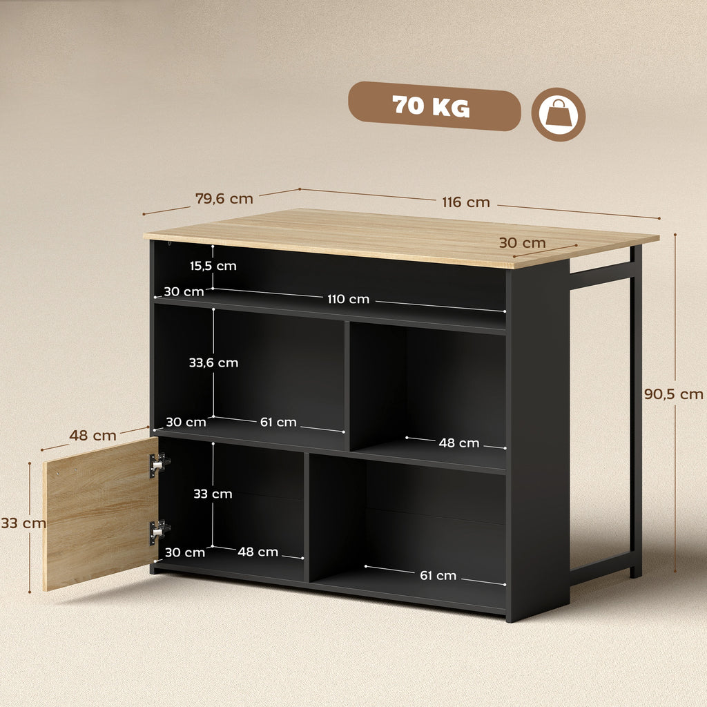 Table de bar extensible avec abattant, table haute cuisine, 1 placard et 4 compartiments ouverts, 116x79,6x90,5cm, noir-2