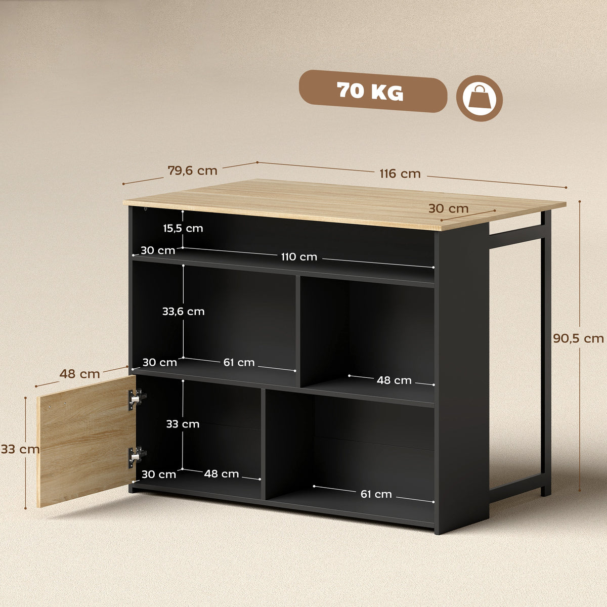 Table de bar extensible avec abattant, table haute cuisine, 1 placard et 4 compartiments ouverts, 116x79,6x90,5cm, noir-2