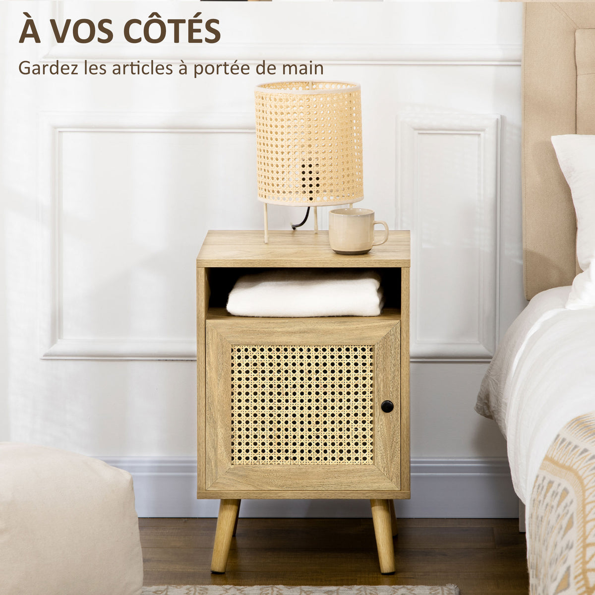 Lot de 2 tables de chevet table de nuit avec placard porte cannage et niche design vintage 39 x 35 x 60 cm naturel-3