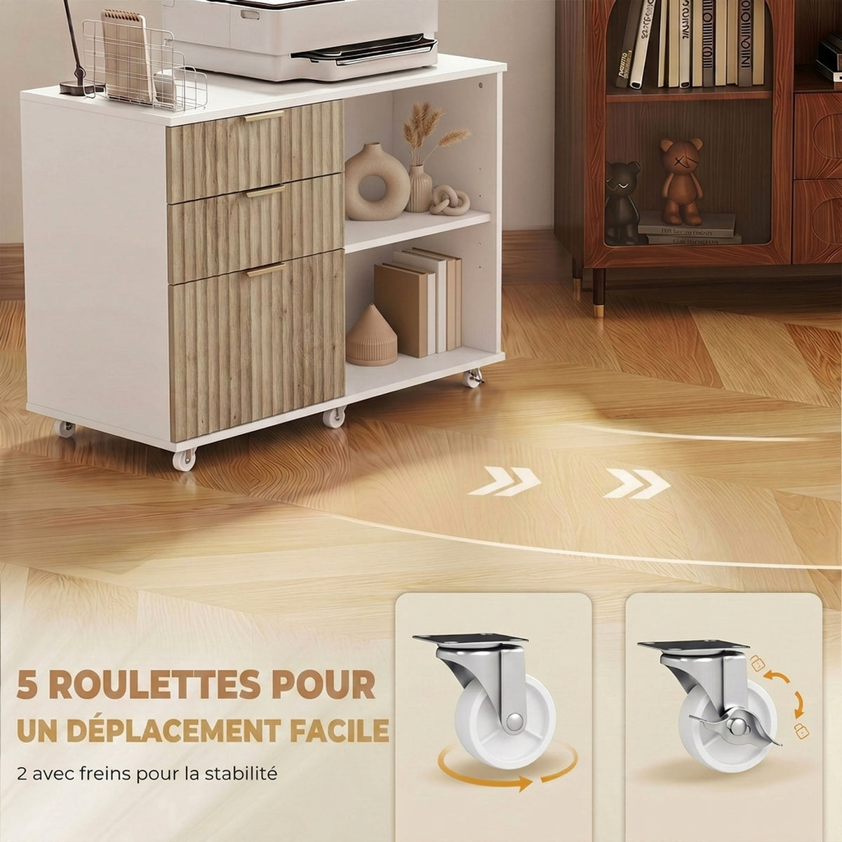 Support d'Imprimante sur Roulettes, 3 Tiroirs, 2 Étagères Ouvertes, Design Ondulé, 80x40x68cm, Blanc Chêne-5