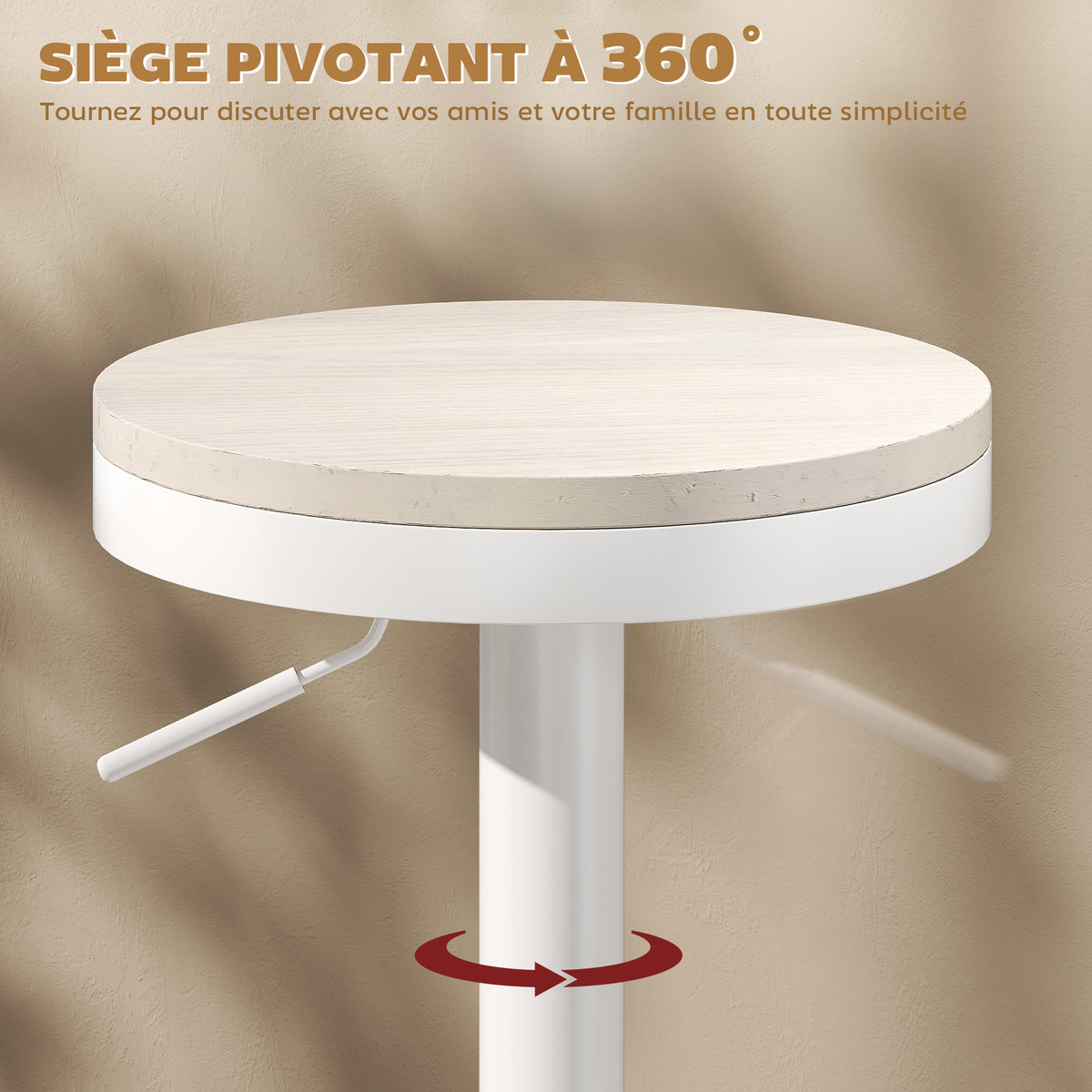 Lot de 2 tabourets de bar, chaises de bar pivotantes avec assise en hévéa, hauteur réglable et repose-pieds, blanc-4