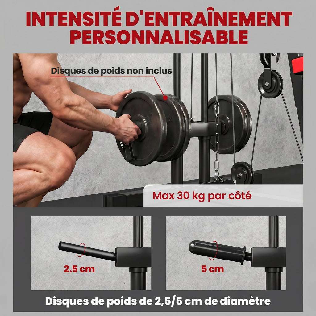 Station de Musculation Multifonction à Disques Libres, avec Banc Amovible, 136x107x205cm, Noir et Rouge-3