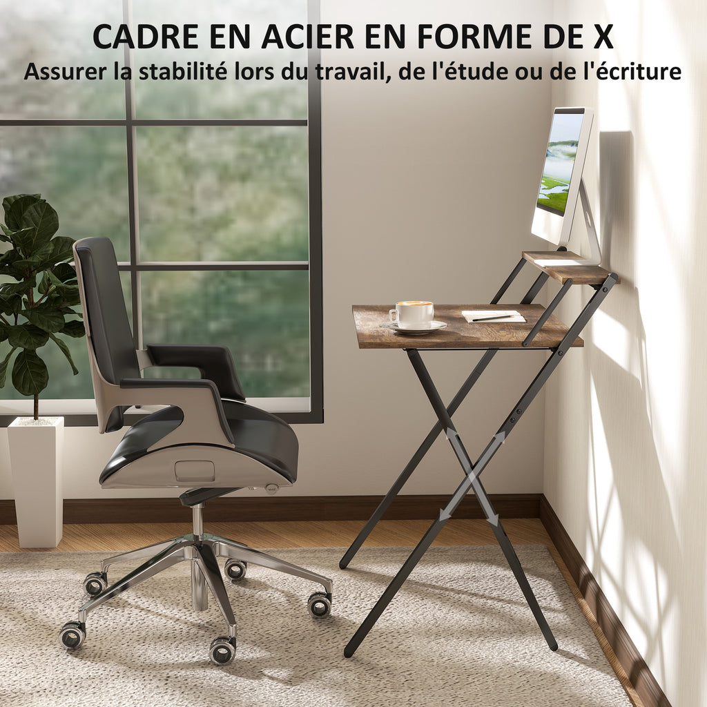 Bureau pliable 65,5 x 45 cm avec étagère de rangement pour chambre, petits espaces, brun rustique-5