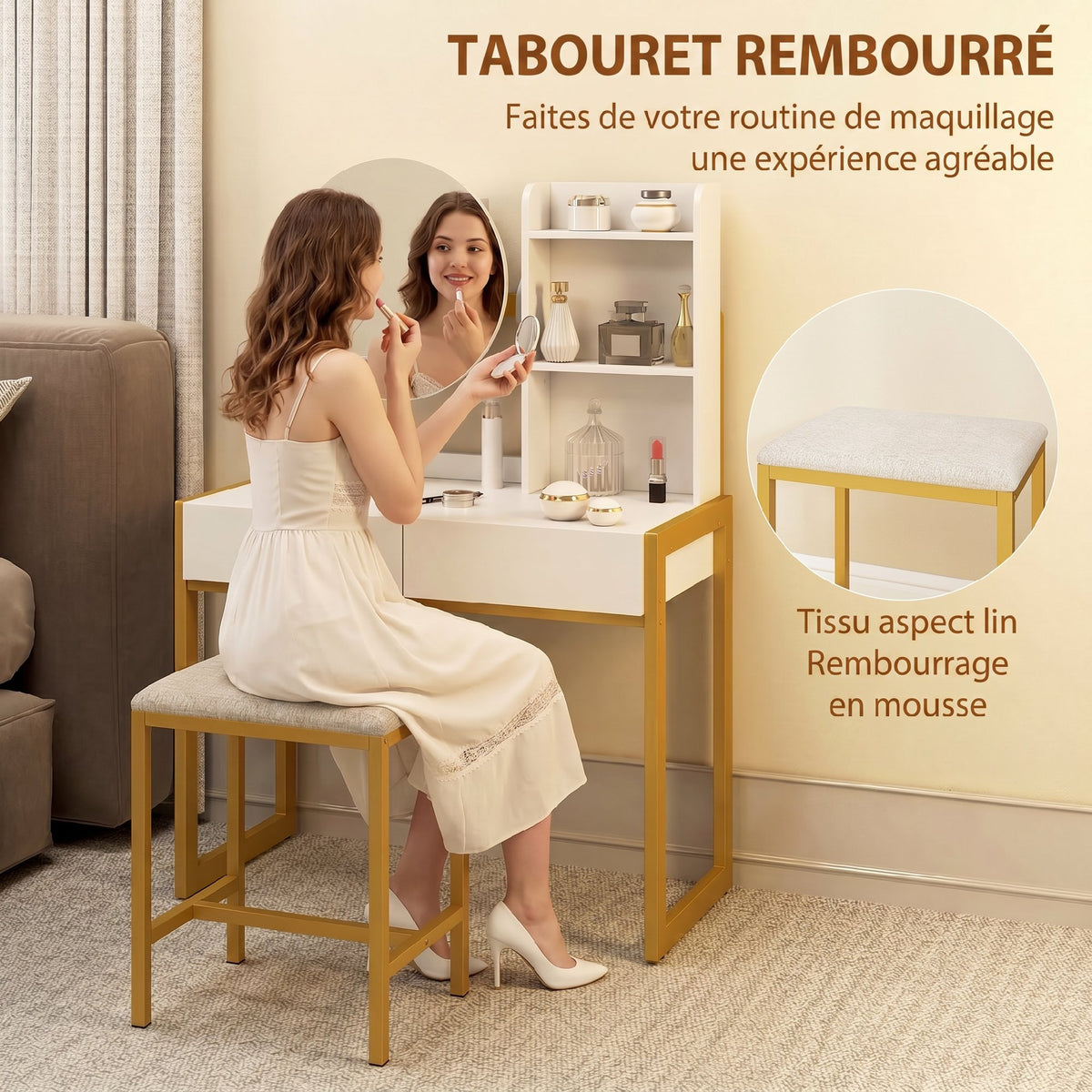 Coiffeuse avec miroir et tabouret, station de charge, table de maquillage avec 2 tiroirs, 3 étagères ouvertes, blanc-6